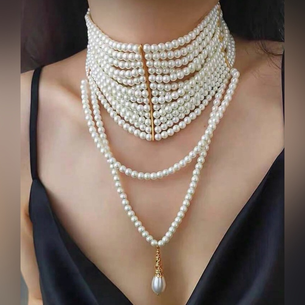 Women's Multi-layer Vintage Pearls Choker Necklace - Tassel Collars - Picture 6 of 8